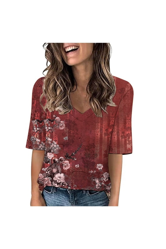 Plus Size T Shirts For Women Flower Printed V Neck Short Sleeve Shirts Summer Tee Tops Fashion Birthday Gifts For Women