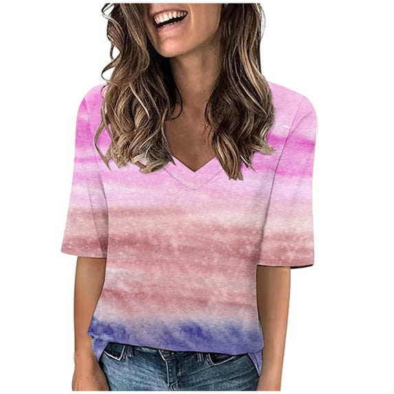 Enjoytime Plus Size Tee Shirt Clothes For Womens Color Block V Neck Short Sleeve Shirts Summer Tee Tops Fashion Loose Comfy Women's Top Summer Clothing 2025