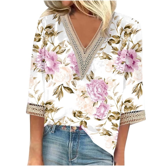 Enjoytime Plus Size Tops for Women 3/4 Sleeve Lace Hollow Out Blouses Cute V Neck Printed Pullover Women Casual Shirts