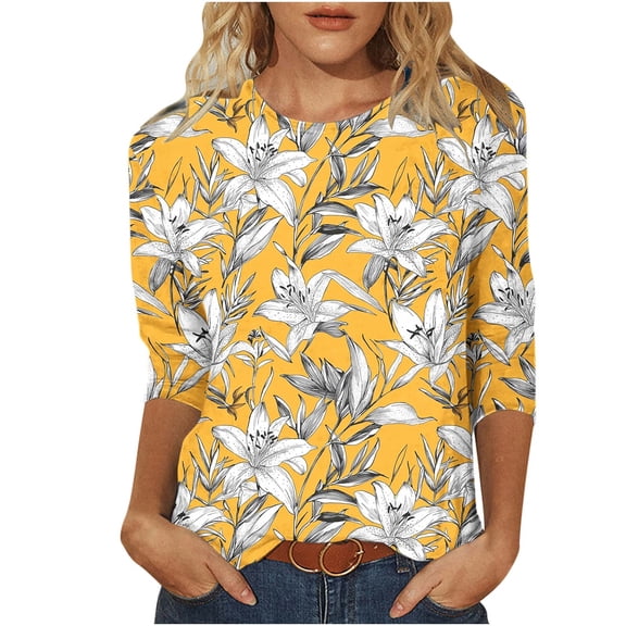 Enjoytime Plus Size Tops for Women Floral Printed Round Neck 3/4 Sleeve Shirts Summer Beach Vacation Casual Blouse Yellow XXL