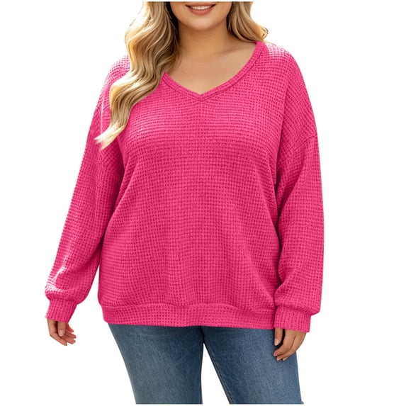 Enjoytime Plus Size Tops for Women Trendy Knit V-Neck Long Sleeve Shirts Loose Casual Fashion Fall Clothes 2026