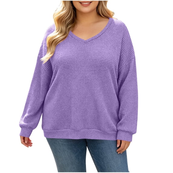 Enjoytime Plus Size Tops for Women Trendy Knit V-Neck Long Sleeve Shirts Loose Casual Fashion Fall Clothes 2026