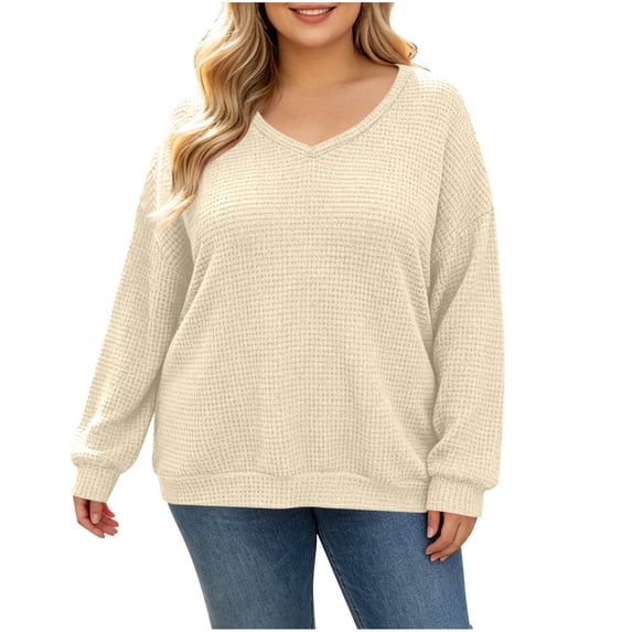 Enjoytime Plus Size Tops for Women Trendy Knit V-Neck Long Sleeve Shirts Loose Casual Fashion Fall Clothes 2026