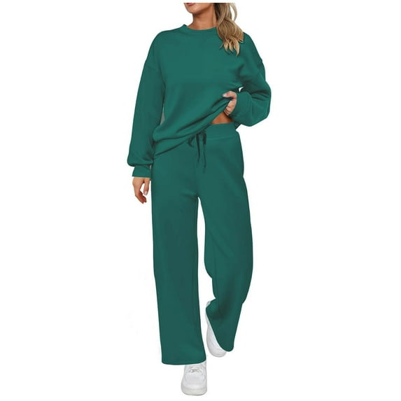 Enjoytime Womens Pajama Sets Solid Color Long Sleeve Loose Tops Wide Leg Pants Loungewear Trendy Plus Size Outfits 2 Piece Sets for Women