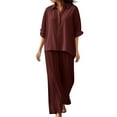 thumbnail image 1 of Enjoytime Plus Size Two Piece Sets for Women Summer Solid Color Long Sleeved Button Down Shirts Wide Leg Pants Casual Outfits Clothes Wine M, 1 of 6