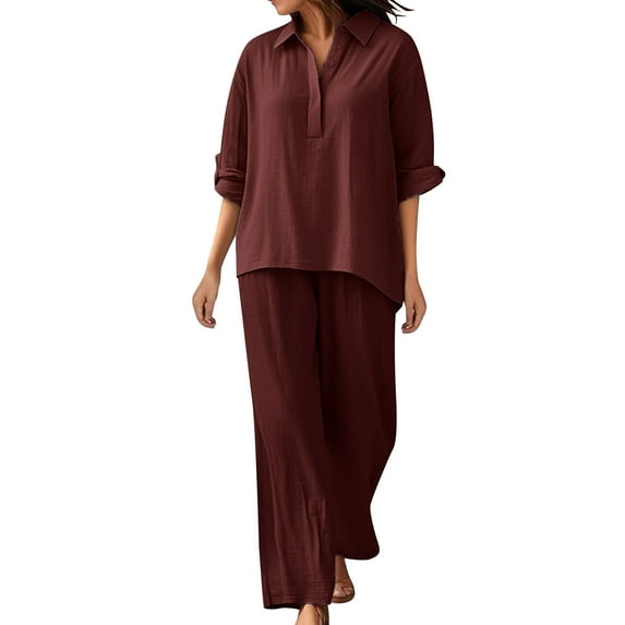 Enjoytime Plus Size Two Piece Sets for Women Summer Solid Color Long Sleeved Button Down Shirts Wide Leg Pants Casual Outfits Clothes Wine M