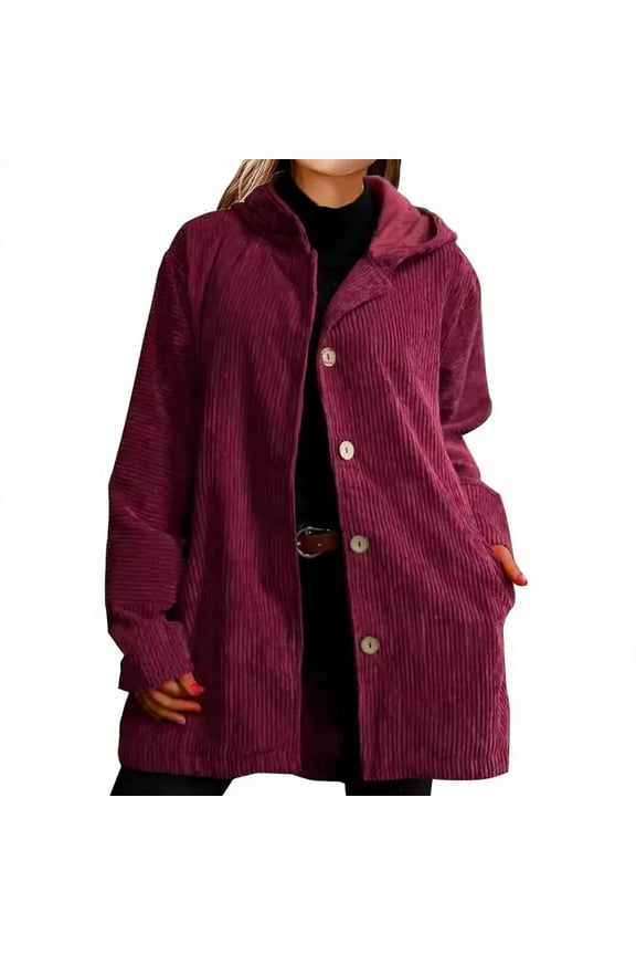 Plus Size Winter Clothes for Women Long Sleeve Corduroy Hooded Jacket Solid Color Button Down Casual Warm Outerwear Wine M