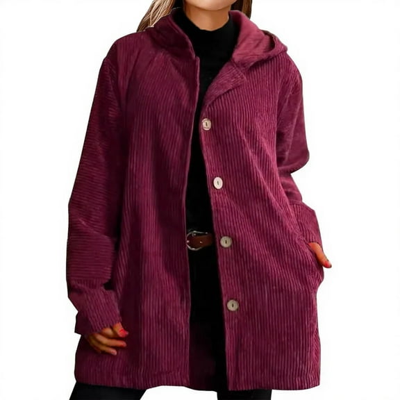 Enjoytime Plus Size Winter Clothes for Women Long Sleeve Corduroy Hooded Jacket Solid Color Button Down Casual Warm Outerwear Wine XXL