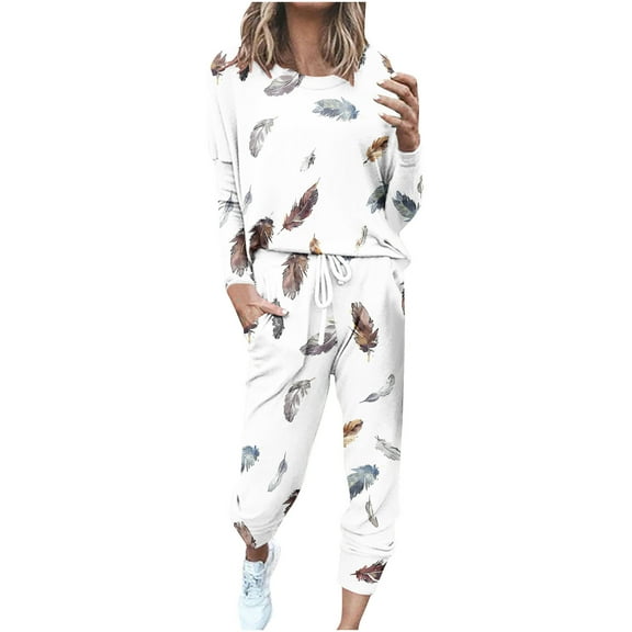 Enjoytime Plus Size Winter Outfits Printed Crewneck Long Sleeve Pullover Sweatshirt Sweatpants Sweatsuits Fashion 2 Piece Lounge Set Women