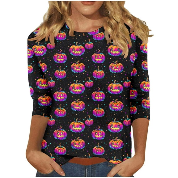 Enjoytime Plus Size Women Blouses Halloween Printed Round Neck Tops Fashion Summer Casual 3/4 Sleeve Shirts
