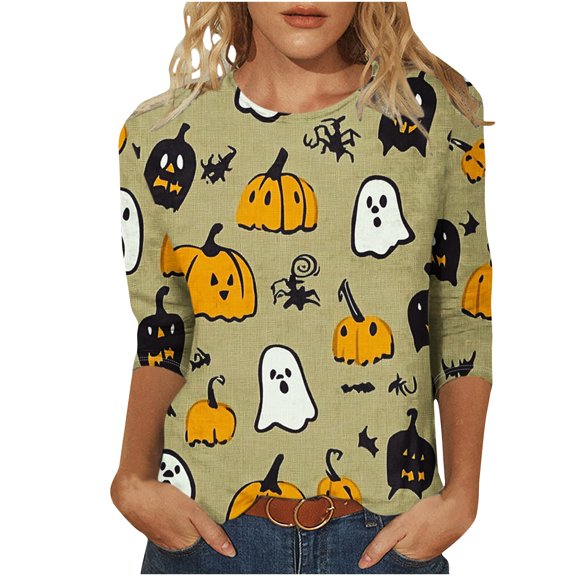 Enjoytime Plus Size Womens Clothing Halloween Printed 3/4 Sleeve Top Casual Round Neck Cute Blouses Gothic Graphic Loose Shirts