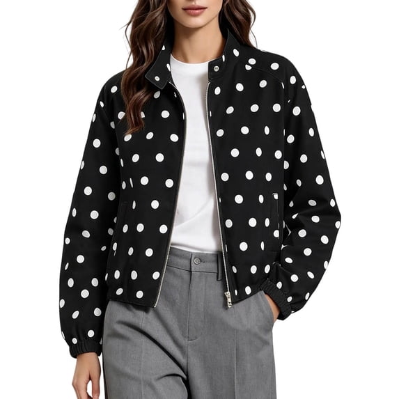 Enjoytime Polka Dots Jackets for Women Long Sleeve Zip Up Lightweight Coat Fall Plus Size Fashion Work Casual Outerwear
