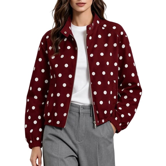 Enjoytime Polka Dots Jackets for Women Long Sleeve Zip Up Lightweight Coat Fall Plus Size Fashion Work Casual Outerwear
