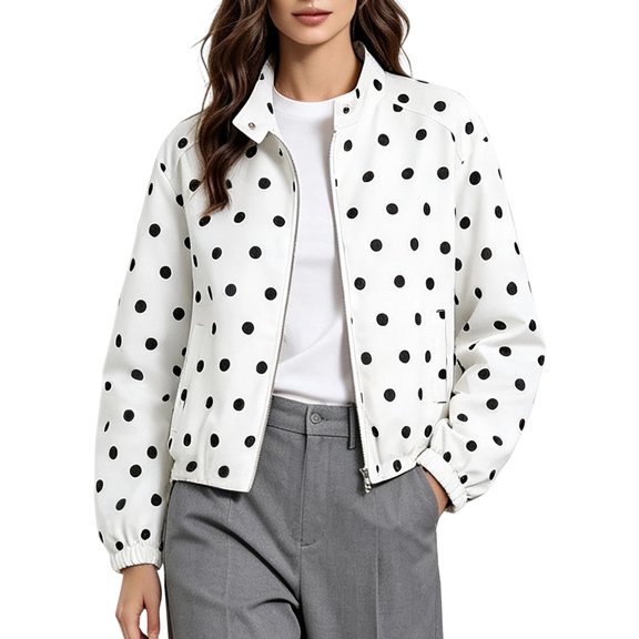 Enjoytime Polka Dots Jackets for Women Long Sleeve Zip Up Lightweight Coat Fall Plus Size Fashion Work Casual Outerwear