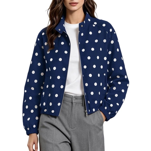 Enjoytime Polka Dots Jackets for Women Long Sleeve Zip Up Lightweight Coat Fall Plus Size Fashion Work Casual Outerwear