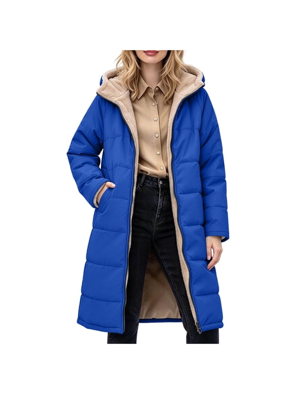 Puffer Jacket Womens Full Zip Fleece Lined Quilted Jackets Hooded Long Coat Fall Winter Warm Outerwear with Pockets