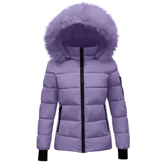 Enjoytime Puffer Jacket Womens Solid Color Long Sleeve Zipper Coats Fall Winter Warm Thick Casual Outerwear with Detachable Hood