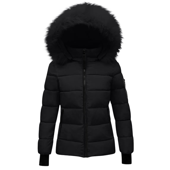 Enjoytime Puffer Jacket Womens Solid Color Long Sleeve Zipper Coats Fall Winter Warm Thick Casual Outerwear with Detachable Hood