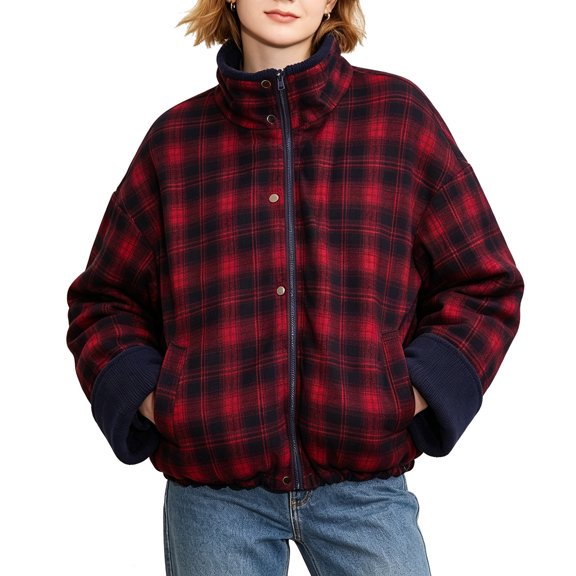 Enjoytime Puffer Jacket Womens Stand Collar Plaid Lined Button Zipper Quilted Coat Oversized Cozy Warm Fall Winter Outerwear with Pockets