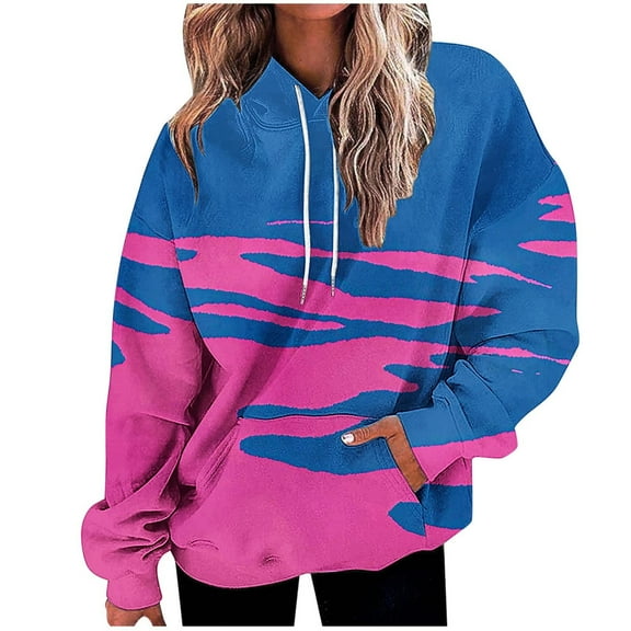 Enjoytime Pullover Hoodie Women Gradient Print Long Sleeve Sweatshirts Fall Winter Comfy Trendy Hoodies with Pockets Blue M