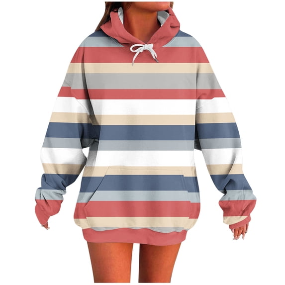Enjoytime Pullover Sweatshirts for Women Casual Striped Long Sleeves Hoodie Fashion Loose Winter Tops with Pocket