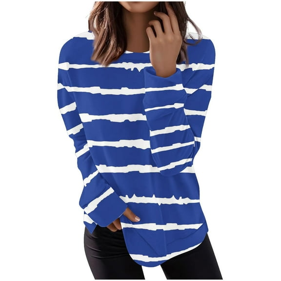 Enjoytime Pullover Sweatshirts for Women Striped Printed Long Sleeve Tops Fall Winter Casual Basic Crewneck Sweatshirt Dark Blue L
