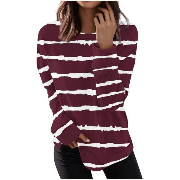 Enjoytime Pullover Sweatshirts for Women Striped Printed Long Sleeve Tops Fall Winter Casual Basic Crewneck Sweatshirt Wine L