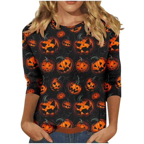 Enjoytime Quarter Sleeve Tops for Women Halloween Printed Round Neck Blouses Fall Casual Plus Size Shirts for Women