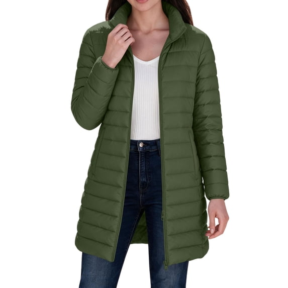 Enjoytime Quilted Jackets for Women Long Sleeve Zip Up Hooded Puffer Coat Winter Warm Soft Lightweight Stand Collar Long Jacket