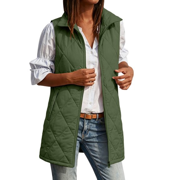 Enjoytime Quilted Long Vest for Women Stand Collar Puffer Gilet Sleeveless Zip Up Jacket Warm Cozy Padded Outerwear Fall & Winter