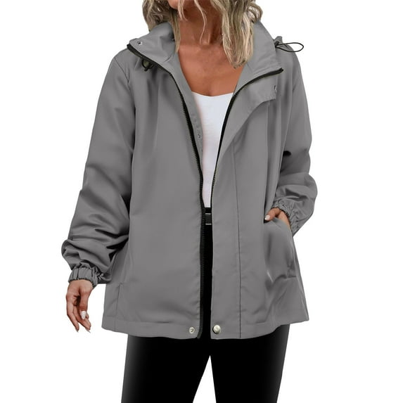 Enjoytime Rain Coat for Women Waterproof Solid Color Long Sleeve Rain Jacket Lightweight Hooded Outdoor Windbreaker for Travel Hiking Gray L