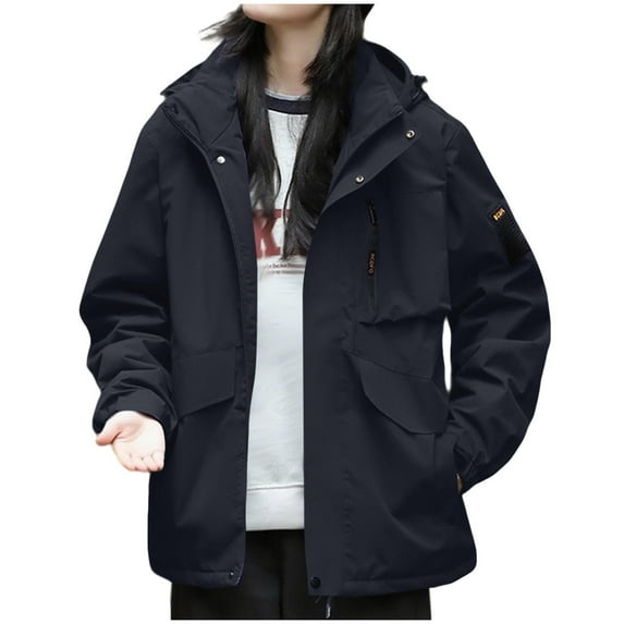 Enjoytime Rain Coats for Women Solid Color Long Sleeved Hooded Jacket Windproof and Waterproof Outdoor Windbreaker Plus Size Womens Clothing Black XXXL