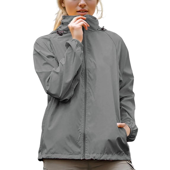 Enjoytime Rain Jacket Women Solid Color Waterproof Lightweight Raincoat Active Cycling Outdoor Windbreaker with Storage Bag Plus Size Clothes Gray XXL