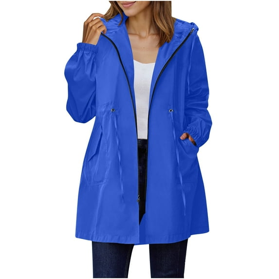 Enjoytime Rain Jacket Women Windproof and Waterproof Long Sleeve Hooded Windbreaker Drawstring Waist Loose Lightweight Raincoat Blue XXL