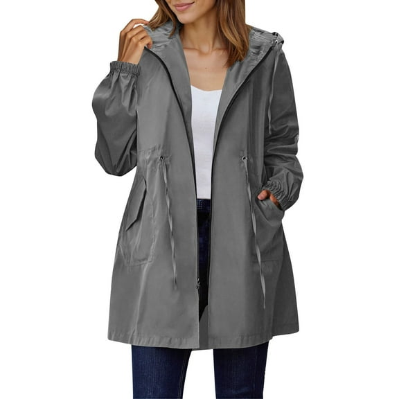 Enjoytime Rain Jacket Women Windproof and Waterproof Long Sleeve Hooded Windbreaker Drawstring Waist Loose Lightweight Raincoat Gray XL