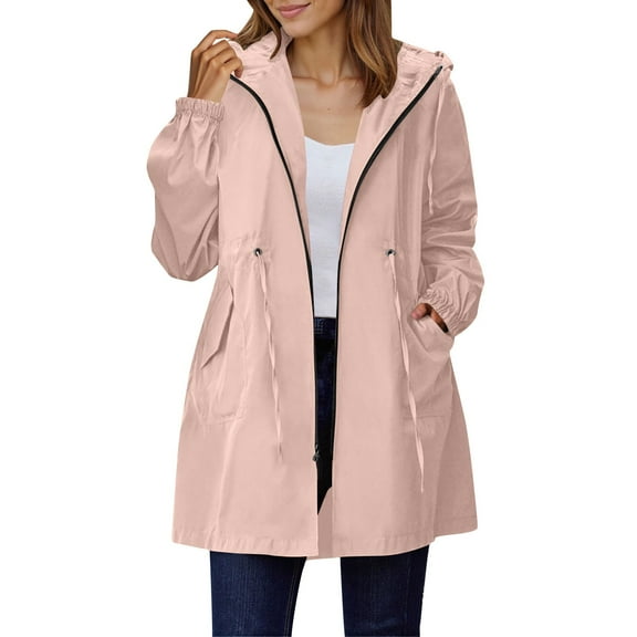 Enjoytime Rain Jacket Women Windproof and Waterproof Long Sleeve Hooded Windbreaker Drawstring Waist Loose Lightweight Raincoat Pink L