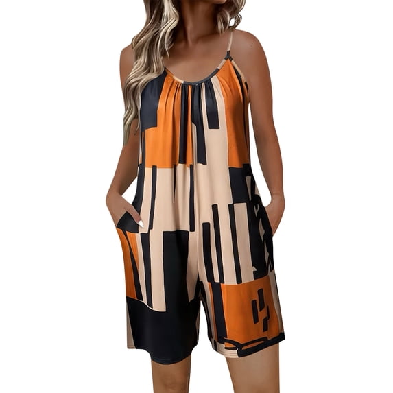 Enjoytime Rompers for Women Vintage Printed Crewneck Sleeveless Shorts Jumpsuits Summer Casual Plus Size Womens Clothing