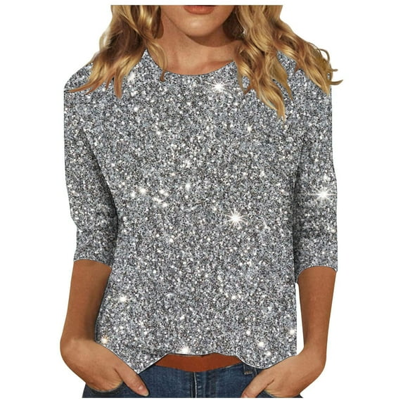 Enjoytime Womens Blouses Sequin Printed Crewneck 3/4 Sleeve Shirt Fashion Party Trendy Casual Ladies Tops Silver XL