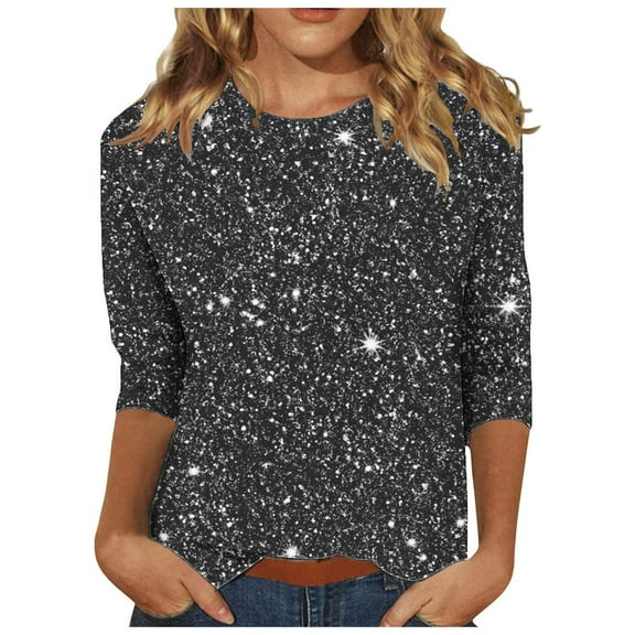 Enjoytime Sequin Print Blouses for Women Sparkly Glitter Party Y2K Tops Long Sleeve Blouse Crewneck Dressy Shirt for Evening Party