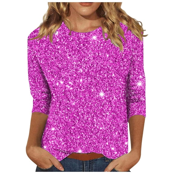 Enjoytime Sequin Print Blouses for Women Sparkly Glitter Party Y2K Tops Long Sleeve Blouse Crewneck Dressy Shirt for Evening Party
