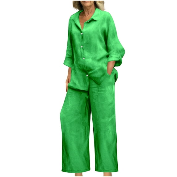 Enjoytime Sets for Women Solid Color Long Sleeve Button Down Shirts Wide Leg Pants 2 Piece Lounge Set Casual Vacation Travel Plus Size Outfits for Women Green XXL