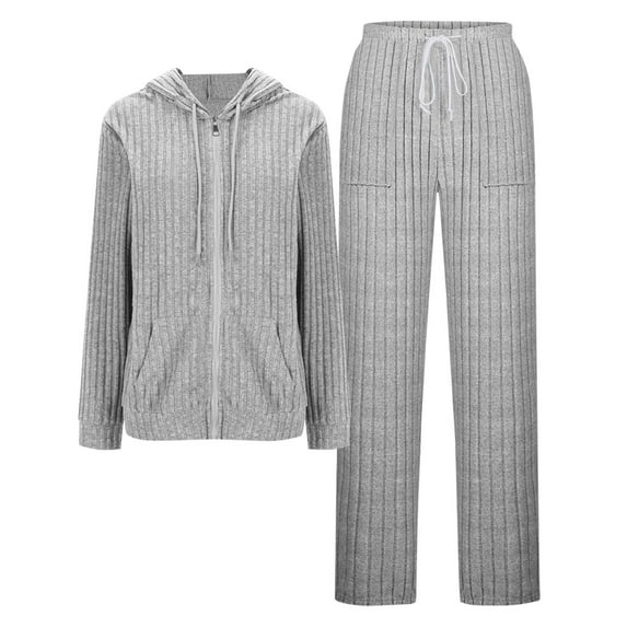 Enjoytime Sets for Women Clothing Two Piece Solid Color Long Sleeve Zip Up Hoodie Pants Loungewear Fashion Casual Fall Winter Outfits Gray M