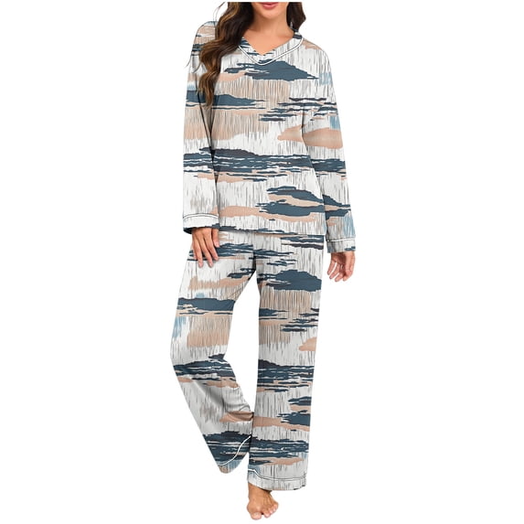 Enjoytime Sets for Women Printed V-Neck Long Sleeve Blouses Pants 2 Piece Sleepwear Fashion Casual Cute Pajamas Matching Plus Size Lounge Set