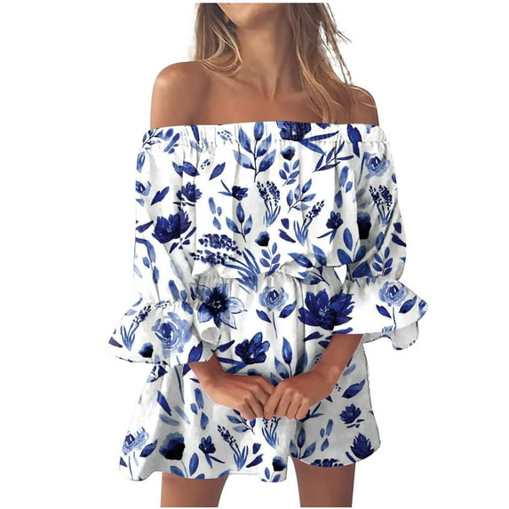 Enjoytime Sexy Mini Dresses for Women Off The Shoulder Puff Sleeves A Line Dresses Ruffle Tropical Floral Printed Womens Dresses