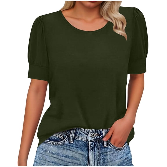 Enjoytime Shirts For Women Solid Color Round Neck Folded Short Sleeve Blouse Spring Summer Trendy Work Casual Tops