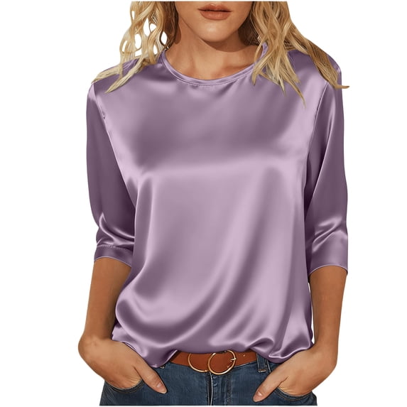 Enjoytime Shirts For Women Solid Color Round Neck Satin 3/4 Sleeve Tops Spring Summer Business Dressy Casual Blouses