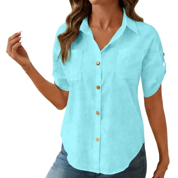 Enjoytime Shirts for Women 2026 Trendy V-Neck Short Sleeve Button Down Blouses Summer Dressy Business Casual Tops