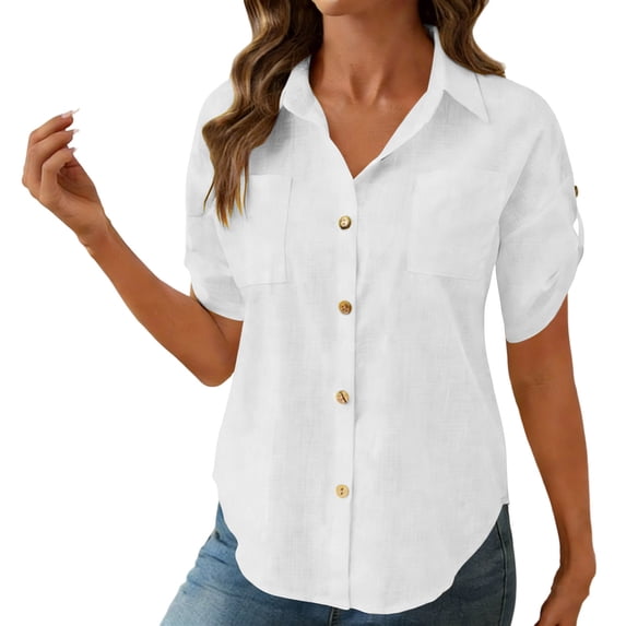 Enjoytime Shirts for Women 2026 Trendy V-Neck Short Sleeve Button Down Blouses Summer Dressy Business Casual Tops