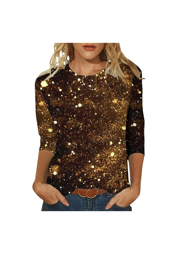 Enjoytime Shirts for Women Casual 3/4 Sleeve Tops for Women Sequin Printed Crewneck Pullover Loose Fit Blouse Shirt