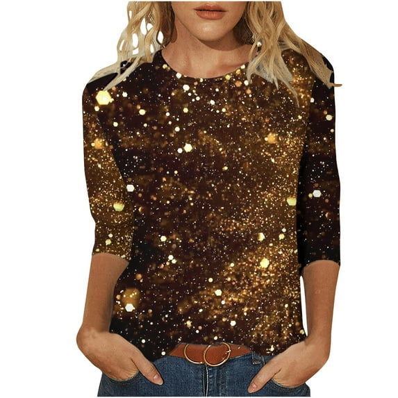 Enjoytime Shirts for Women Casual 3/4 Sleeve Tops for Women Sequin Printed Crewneck Pullover Loose Fit Blouse Shirt